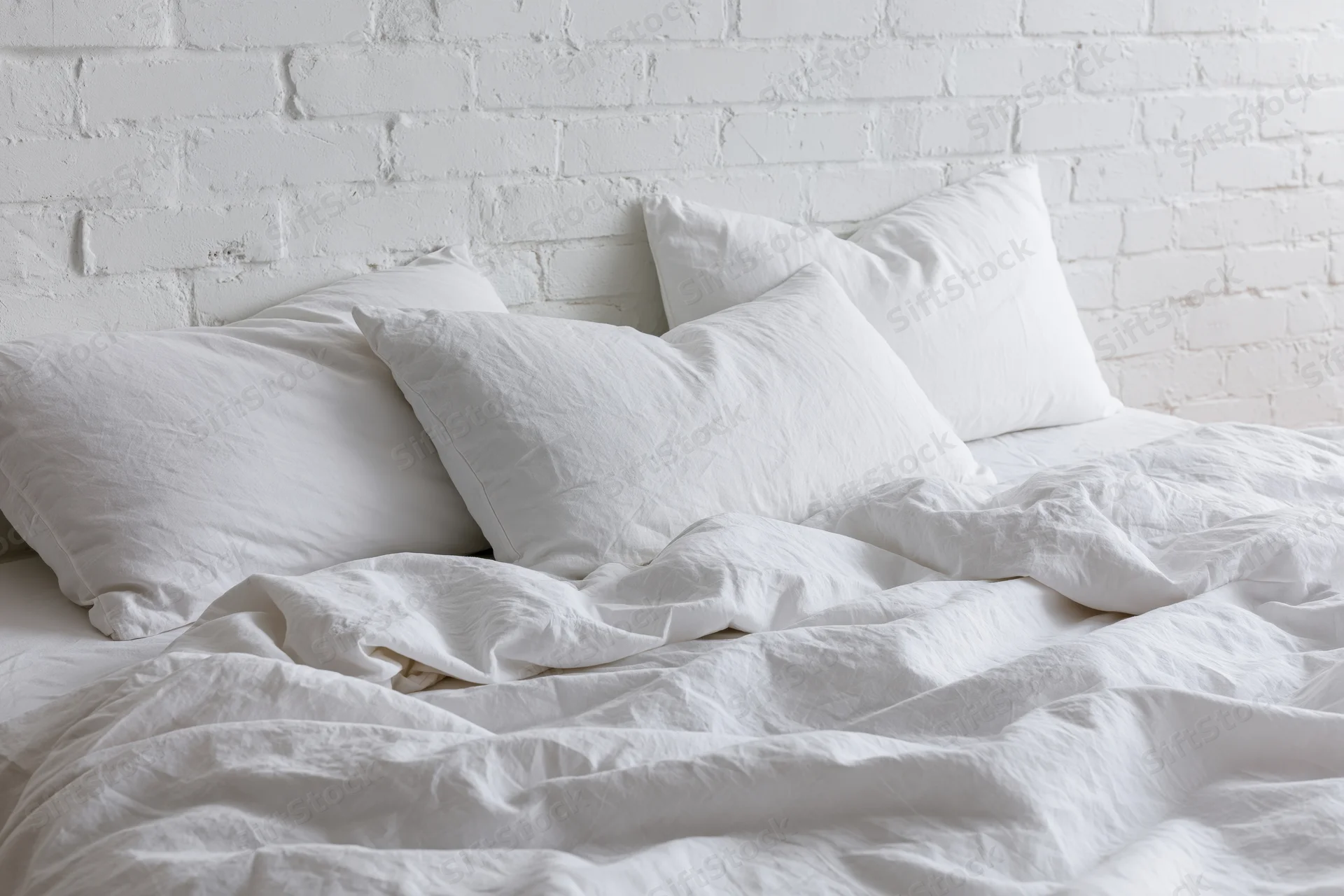 Unmade bed with rumpled white cotton sheets and three pillows against a white brick wall