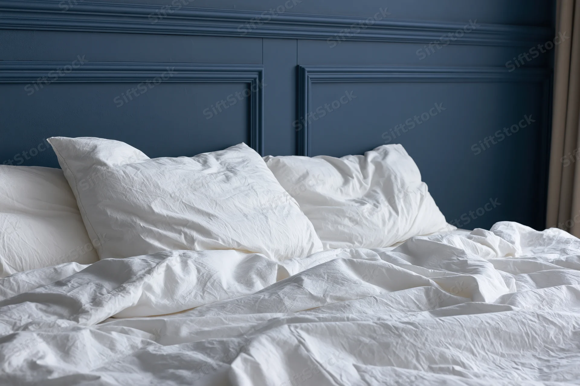 Unmade bed with rumpled white linen sheets and pillows against a blue paneled headboard in a bedroom