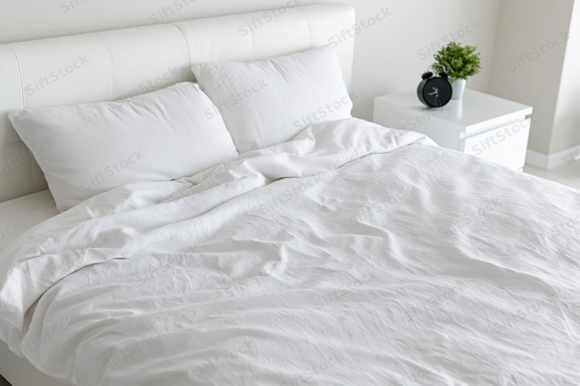 Unmade bed with white rumpled cotton sheets and two pillows in a minimalist bedroom