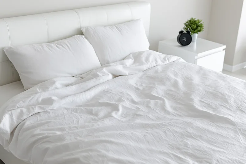 Unmade bed with white rumpled cotton sheets and two pillows in a minimalist bedroom
