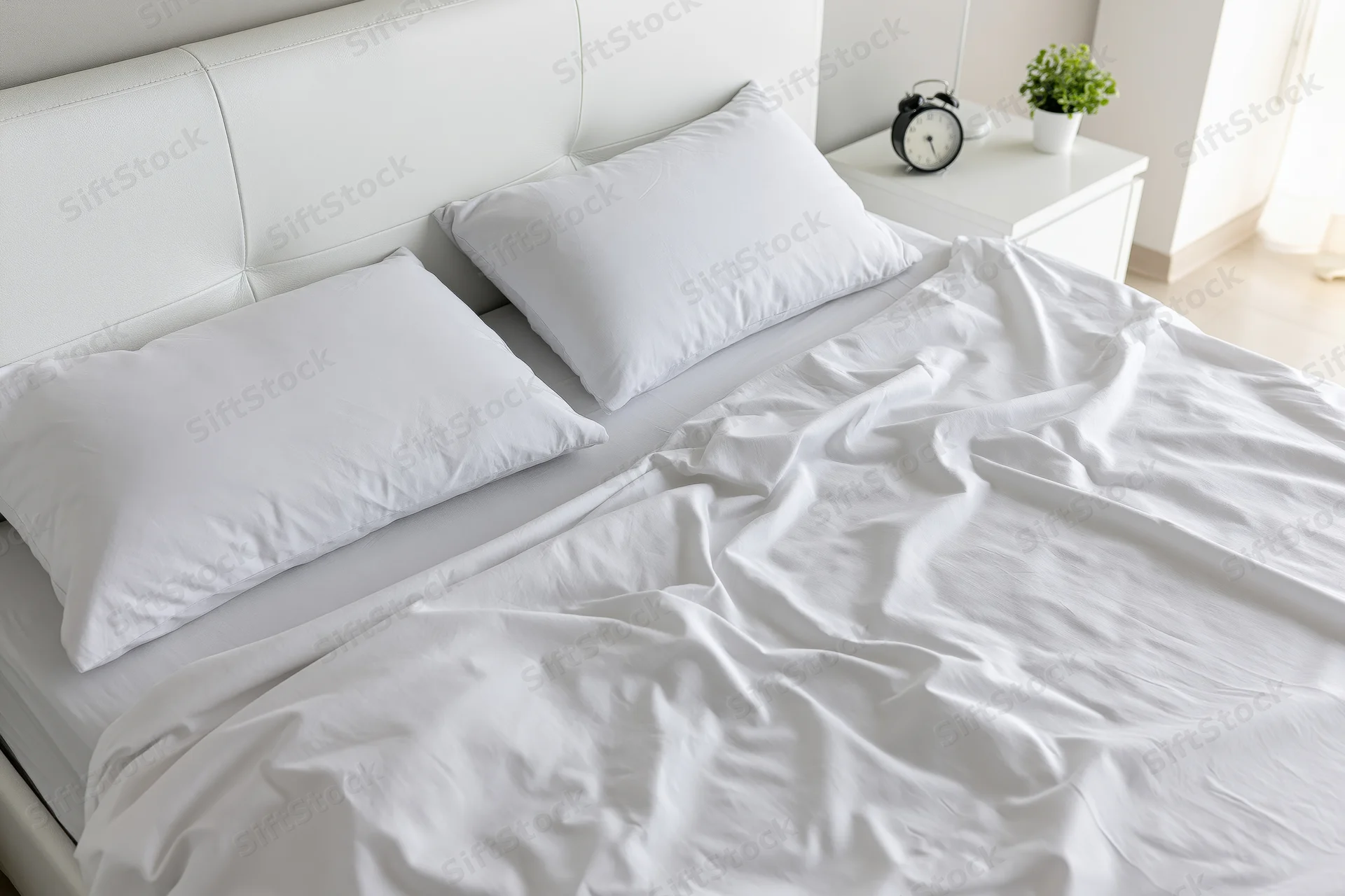 Unmade bed with white rumpled cotton sheets and two pillows in a bright modern bedroom