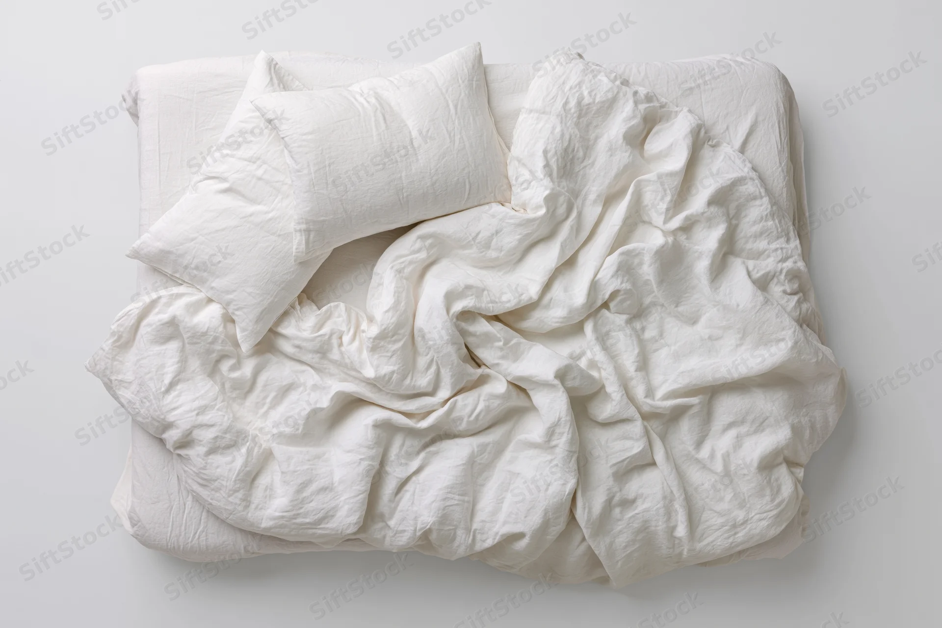Unmade double bed with rumpled white cotton sheets and duvet on plain white background