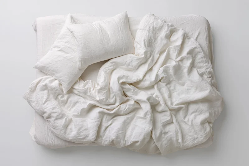 Unmade double bed with rumpled white cotton sheets and duvet on plain white background