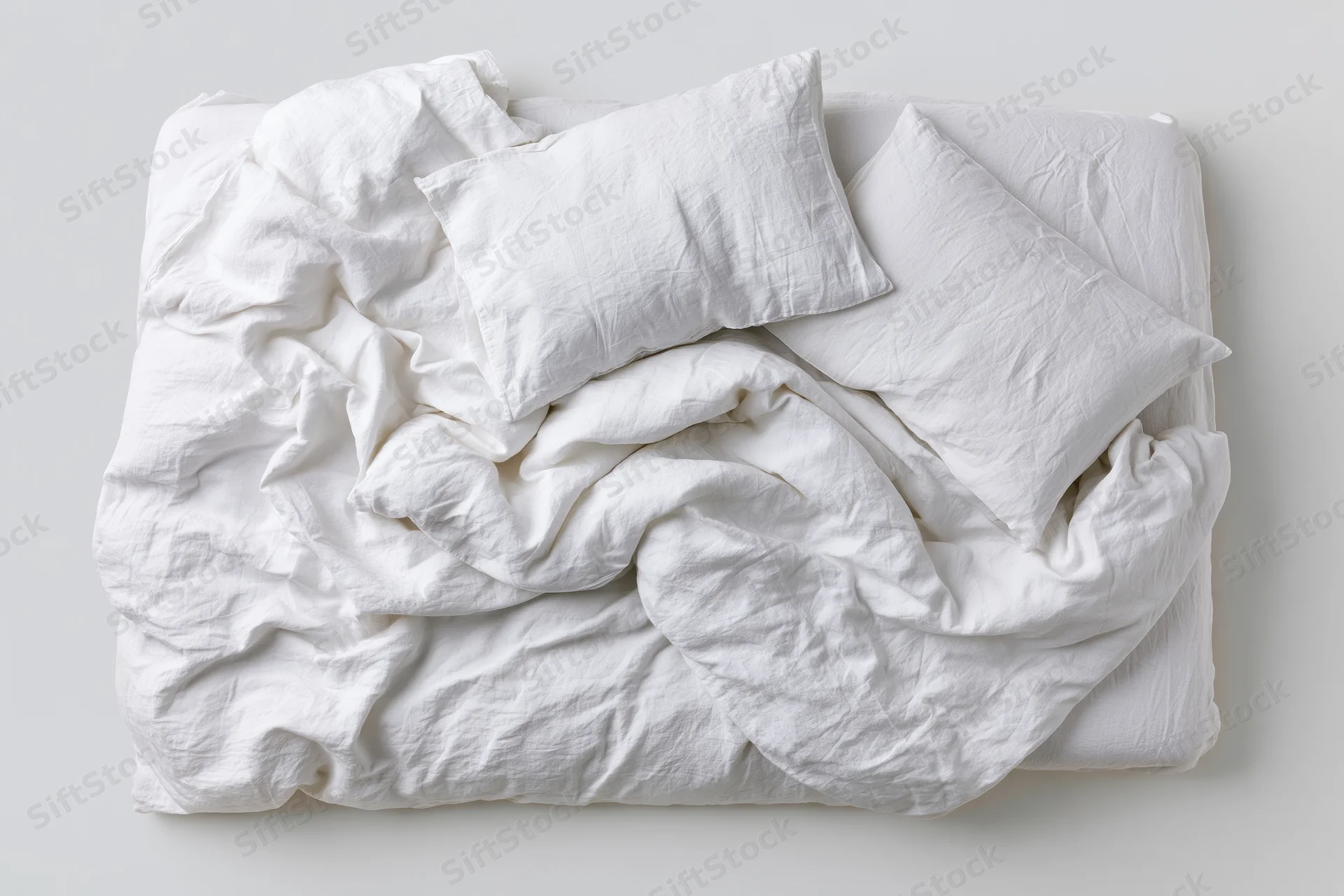 Unmade double bed with rumpled white cotton sheets and duvet on plain background