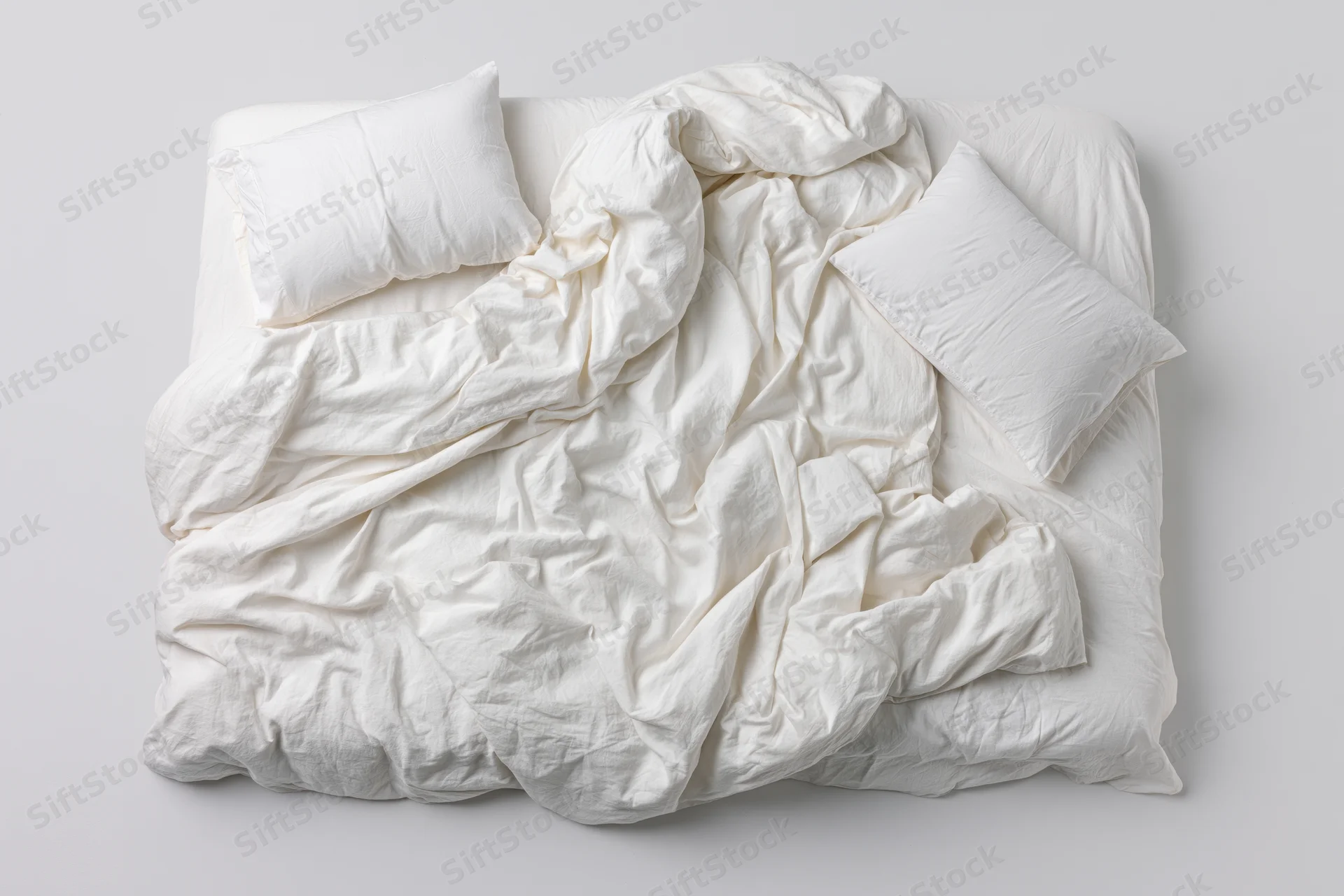 Unmade double bed with rumpled white cotton sheets and duvet on plain background