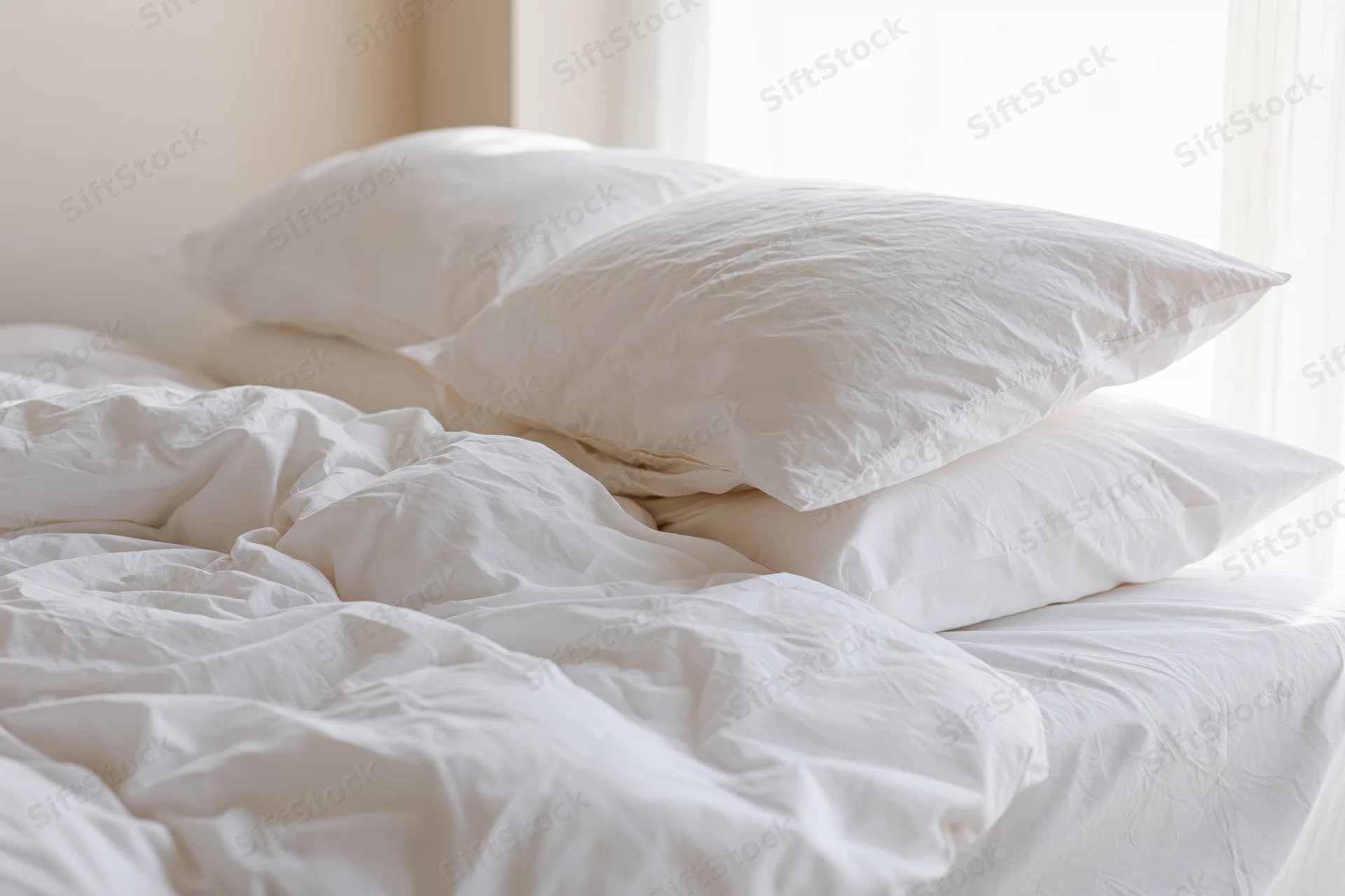 Unmade bed with rumpled white cotton duvet and stacked pillows in a hotel bedroom by a window