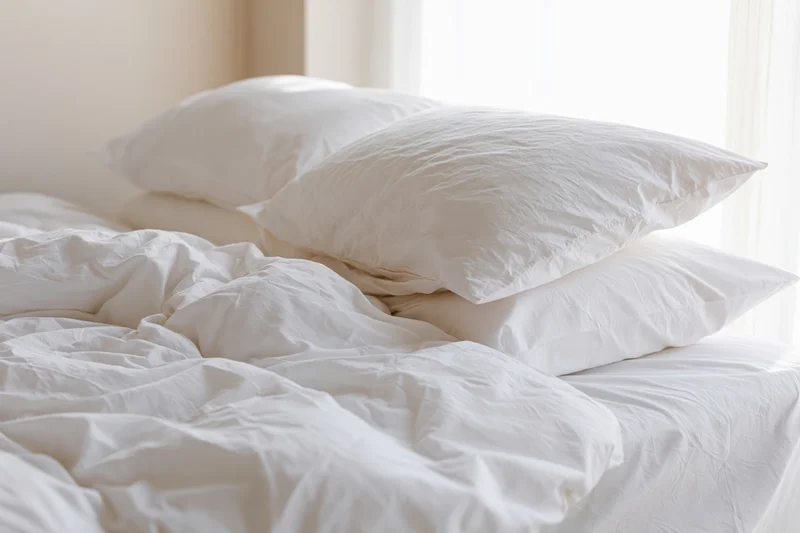 Unmade bed with rumpled white cotton duvet and stacked pillows in a hotel bedroom by a window