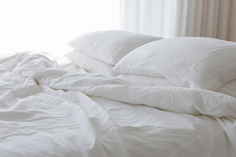 Unmade bed with rumpled white cotton duvet and stacked pillows in a hotel bedroom