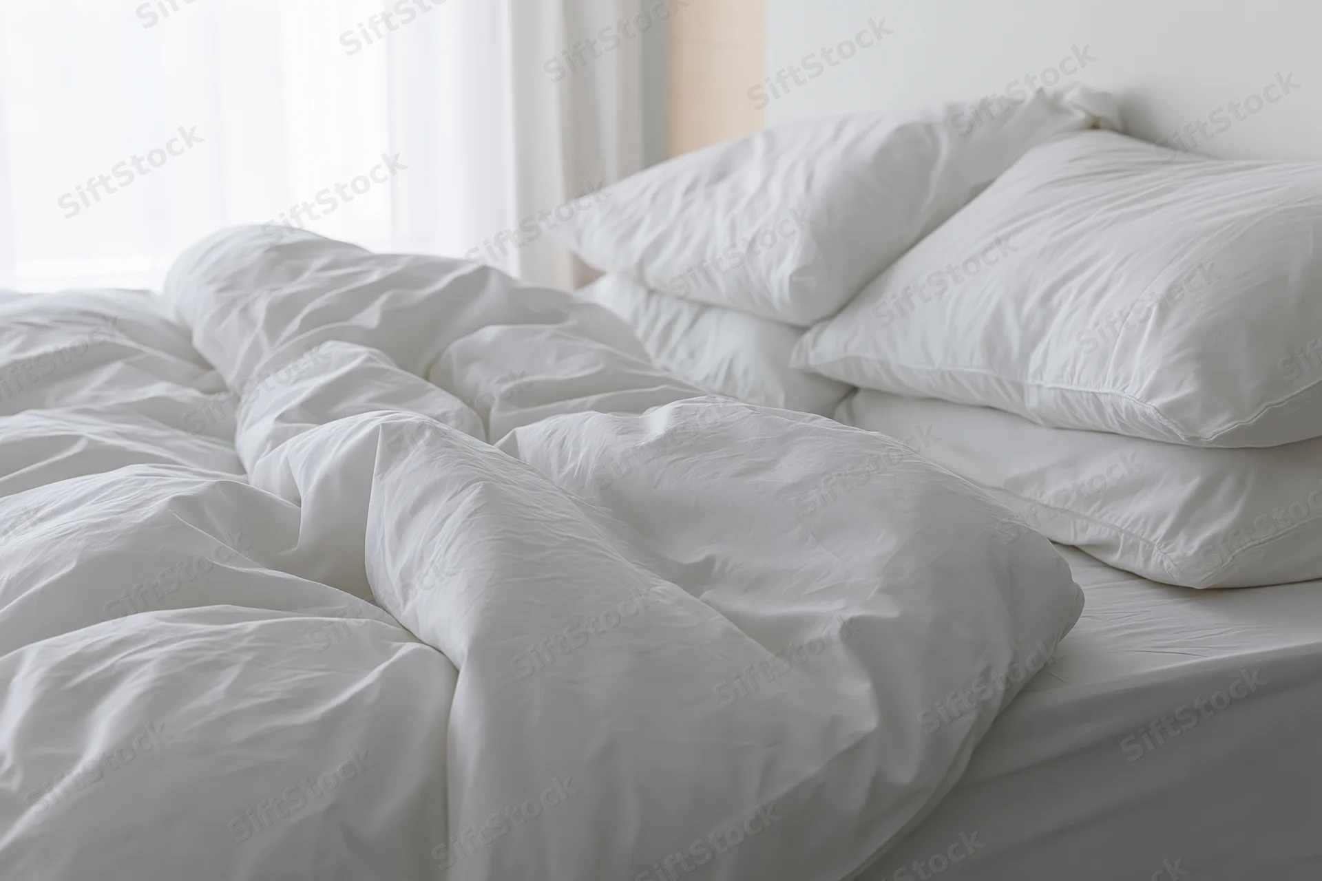 Unmade bed with rumpled white cotton duvet and four pillows in a hotel bedroom