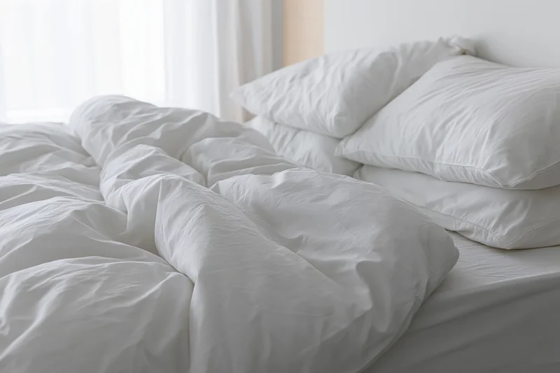 Unmade bed with rumpled white cotton duvet and four pillows in a hotel bedroom
