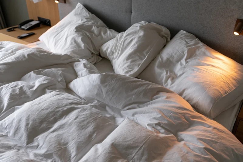Unmade hotel bed with rumpled white duvet and four disheveled pillows against gray headboard