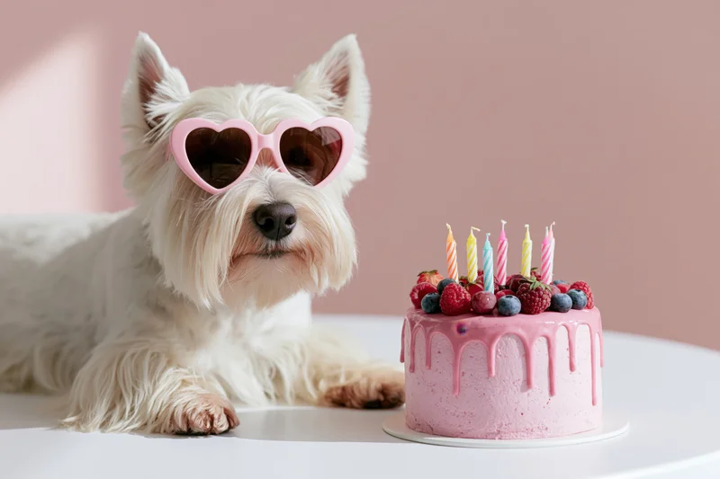 West highland white terrier wearing pink heart-shaped sunglasses beside a pink birthday cake with candles and berries on a white table