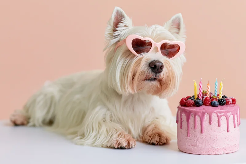 West highland white terrier wearing pink heart-shaped sunglasses beside a pink birthday cake with candles and berries on a white surface