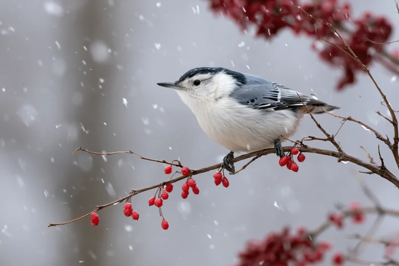 White-breasted nuthatch perched on a bare branch with red berries in falling snow