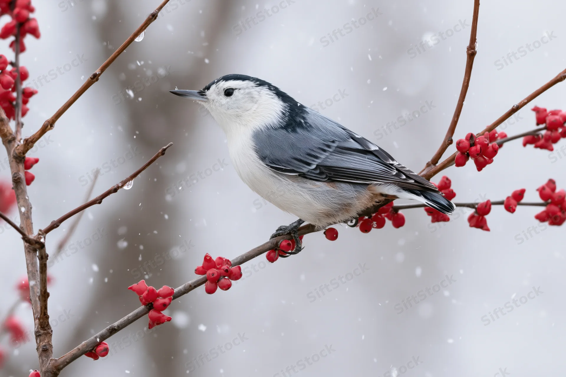 White-breasted nuthatch perched on a bare branch with red berries in snow