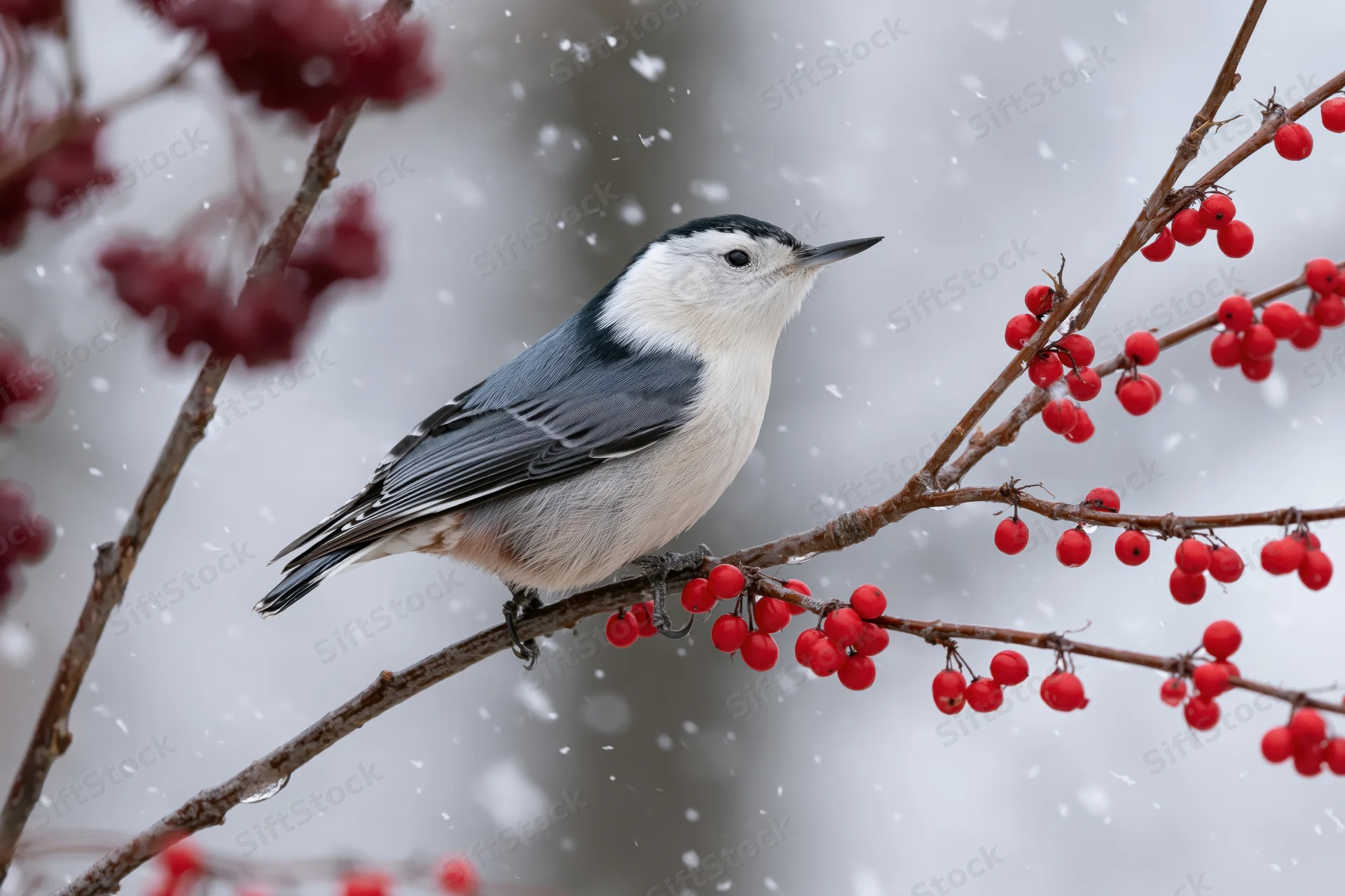 White-breasted nuthatch perched on a branch with red berries in snowy winter forest