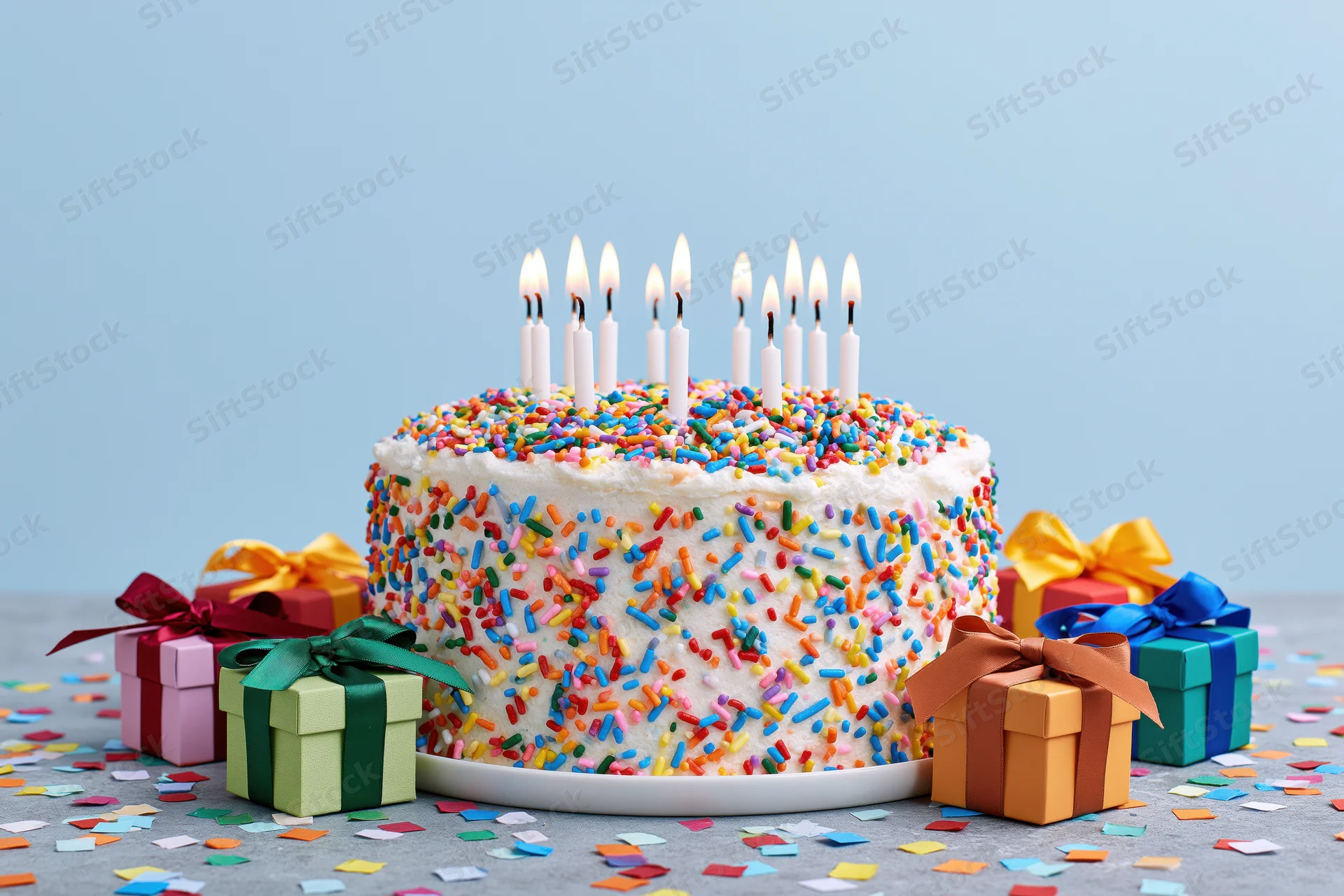 White-frosted birthday cake with rainbow sprinkles and lit candles surrounded by gift boxes and confetti on a gray surface