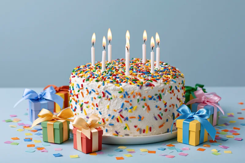 White-frosted birthday cake with rainbow sprinkles and lit candles surrounded by wrapped gifts and confetti on a blue surface