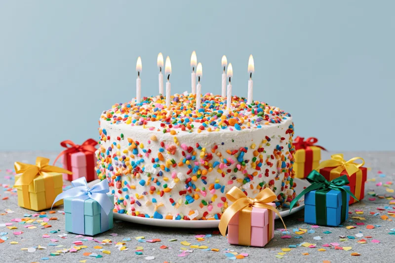 White-frosted birthday cake with rainbow sprinkles and lit candles surrounded by wrapped gifts and confetti on a light surface