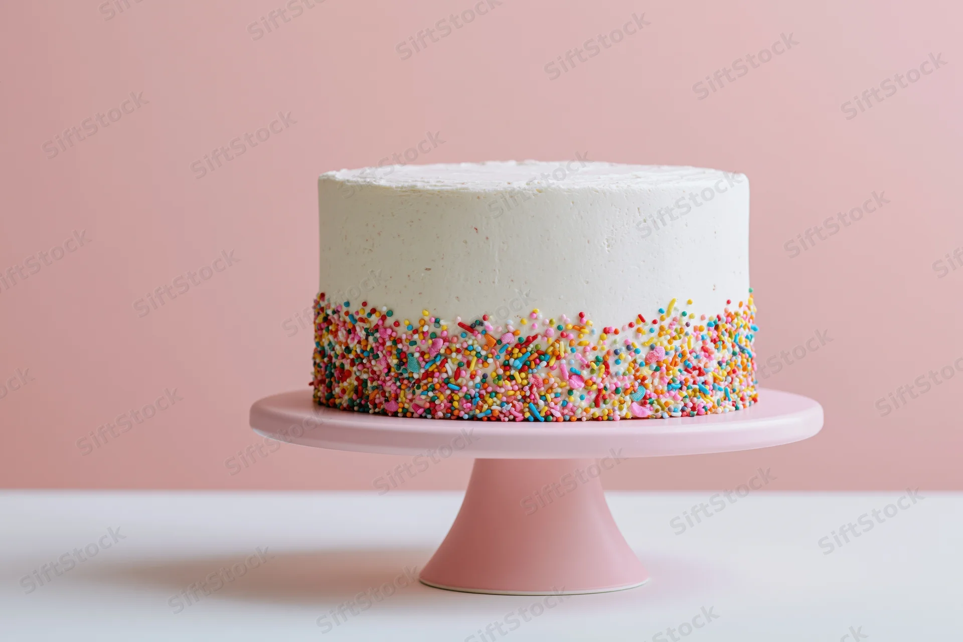 White-frosted cake with colorful sprinkles on pink stand against pastel background