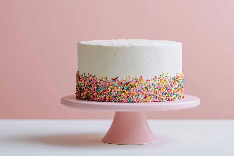 White-frosted cake with colorful sprinkles on pink stand against pastel background