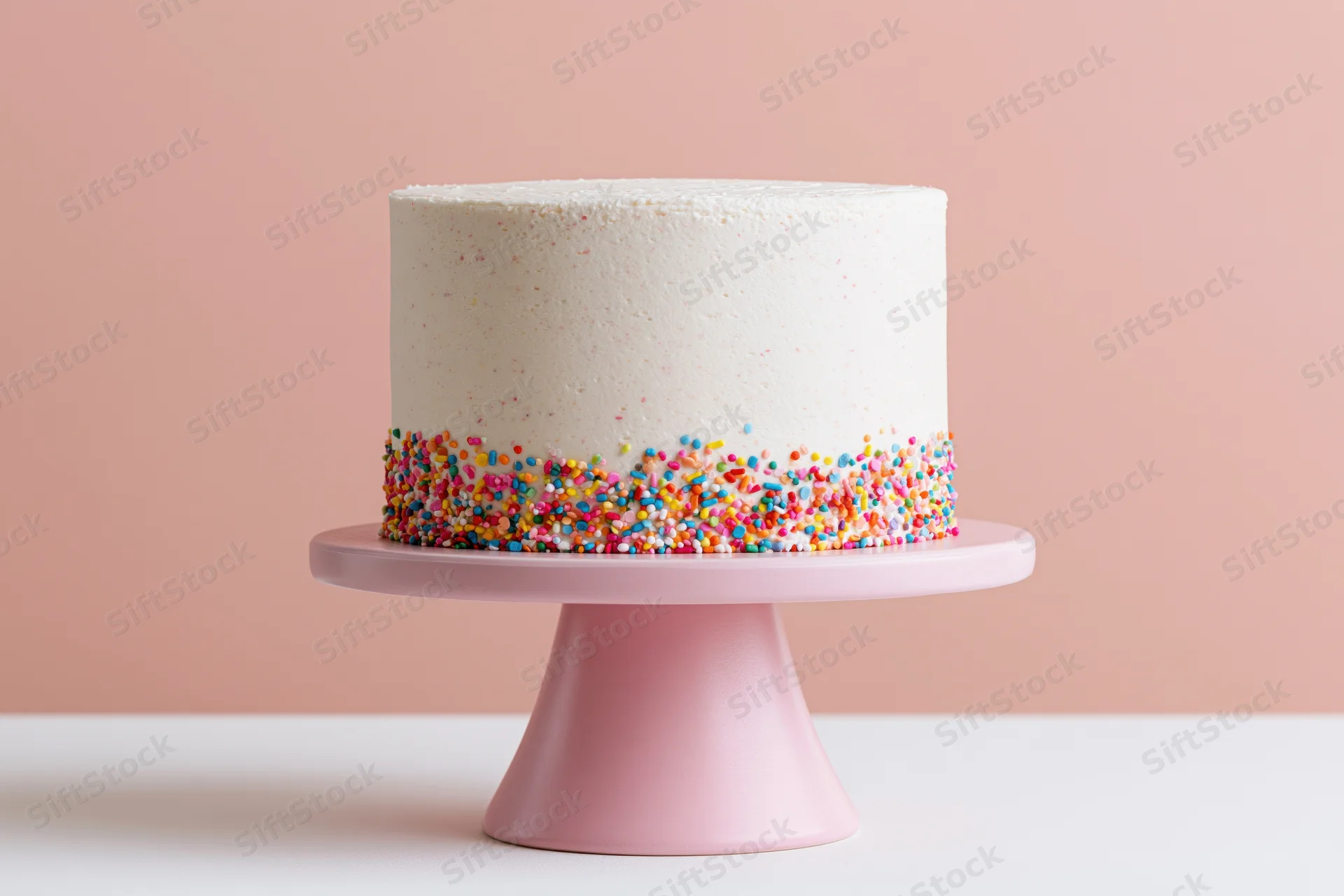 White-frosted cake with colorful sprinkles on a pink stand against a pastel background