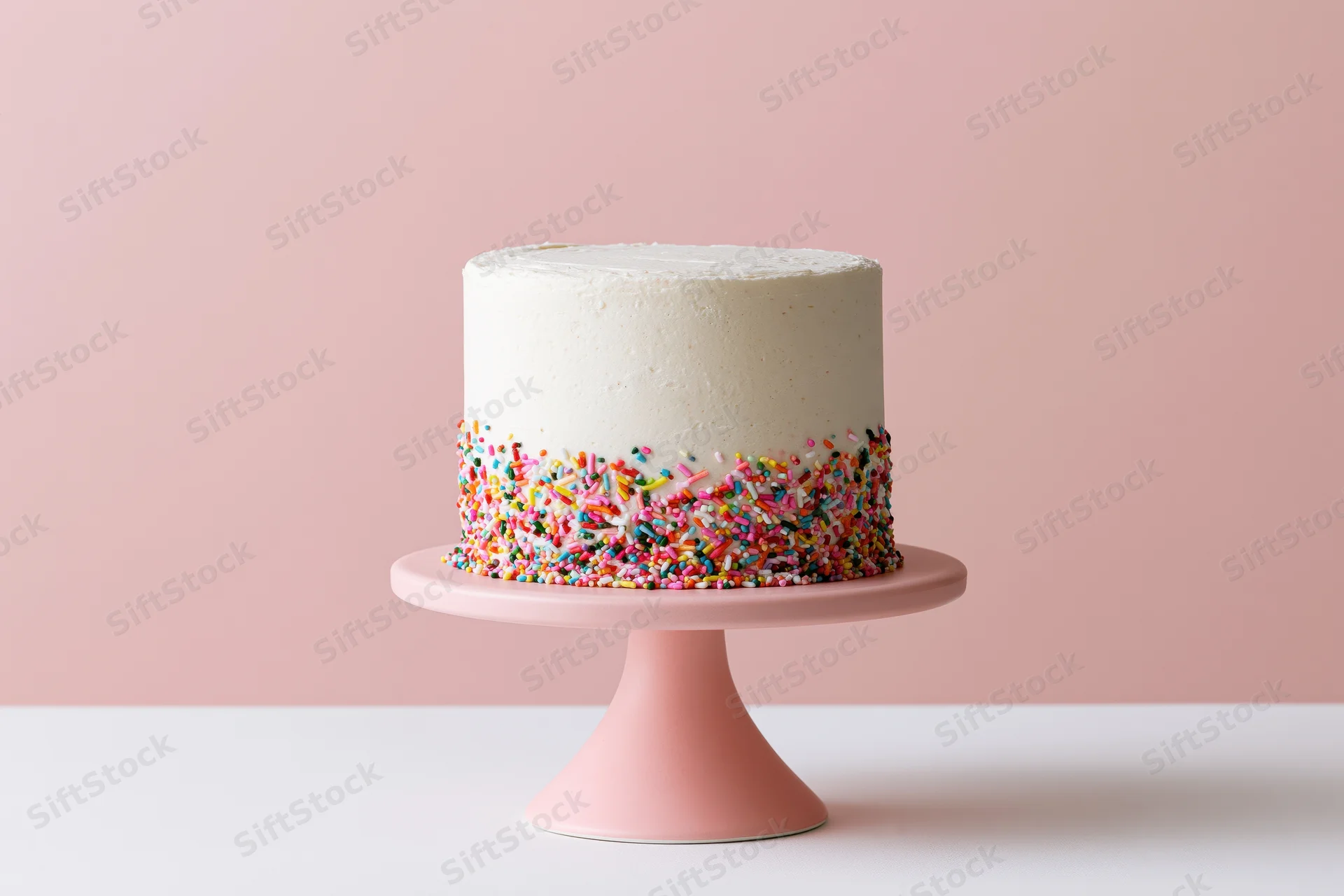 White-frosted cake with colorful sprinkles on a pink cake stand against a pink background