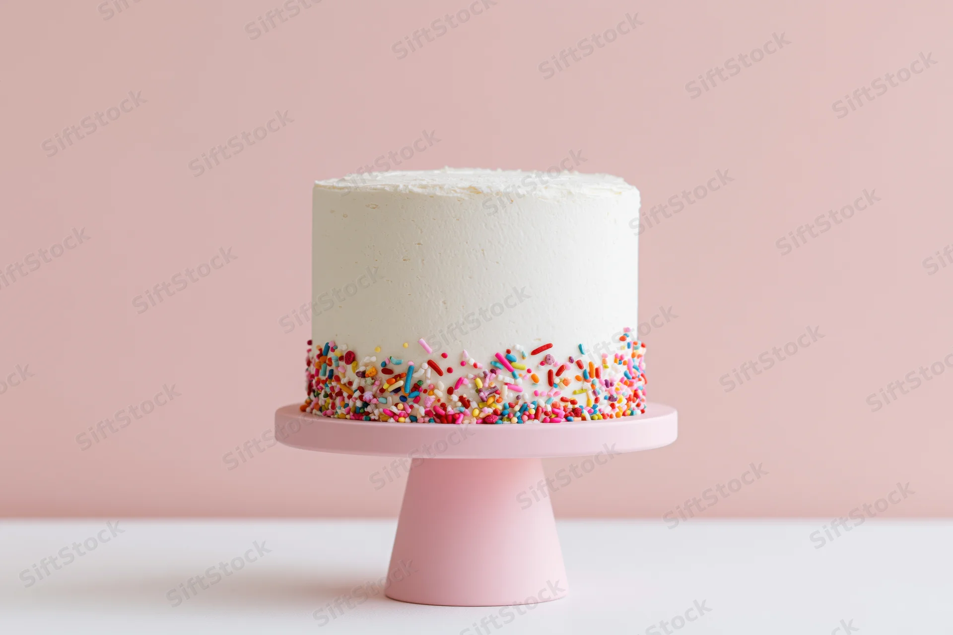 White-frosted cake with colorful sprinkles on pink stand against pastel pink background