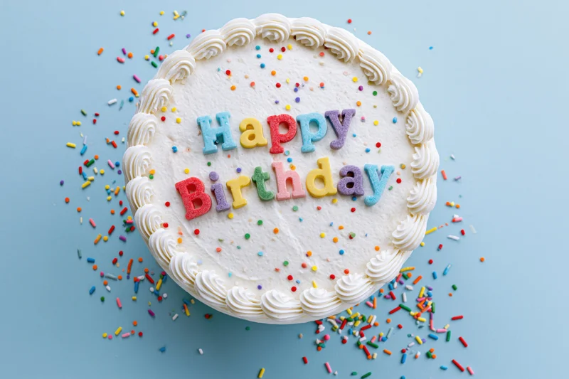 White-frosted birthday cake with colorful sprinkles and letter decorations on blue surface