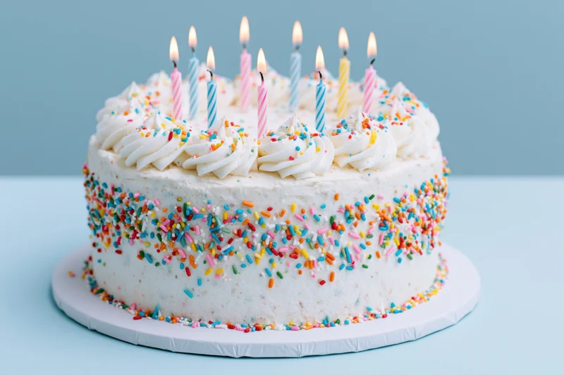 White birthday cake with lit candles and colorful sprinkles on a plate