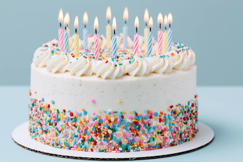 White birthday cake with lit candles and colorful sprinkles on a cake stand