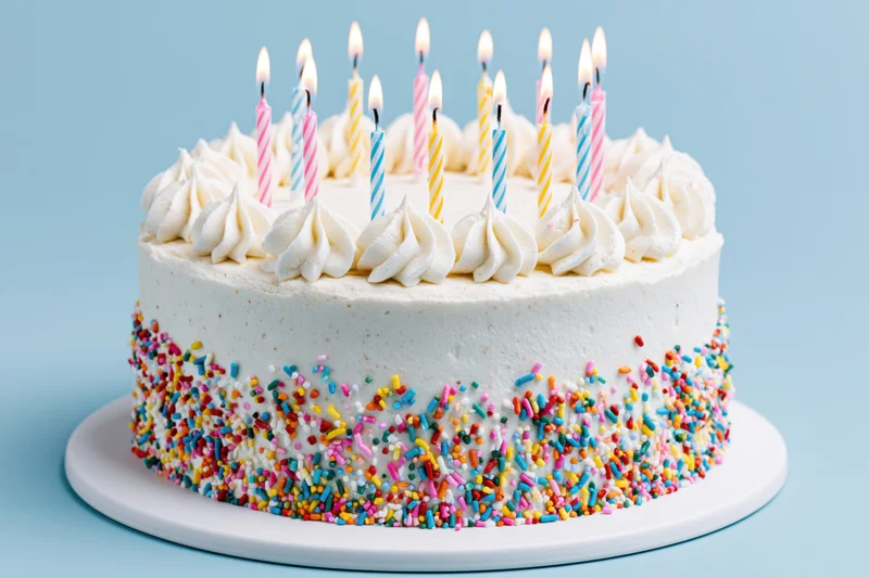 White birthday cake with colorful sprinkles and lit candles on a plate against a light blue background