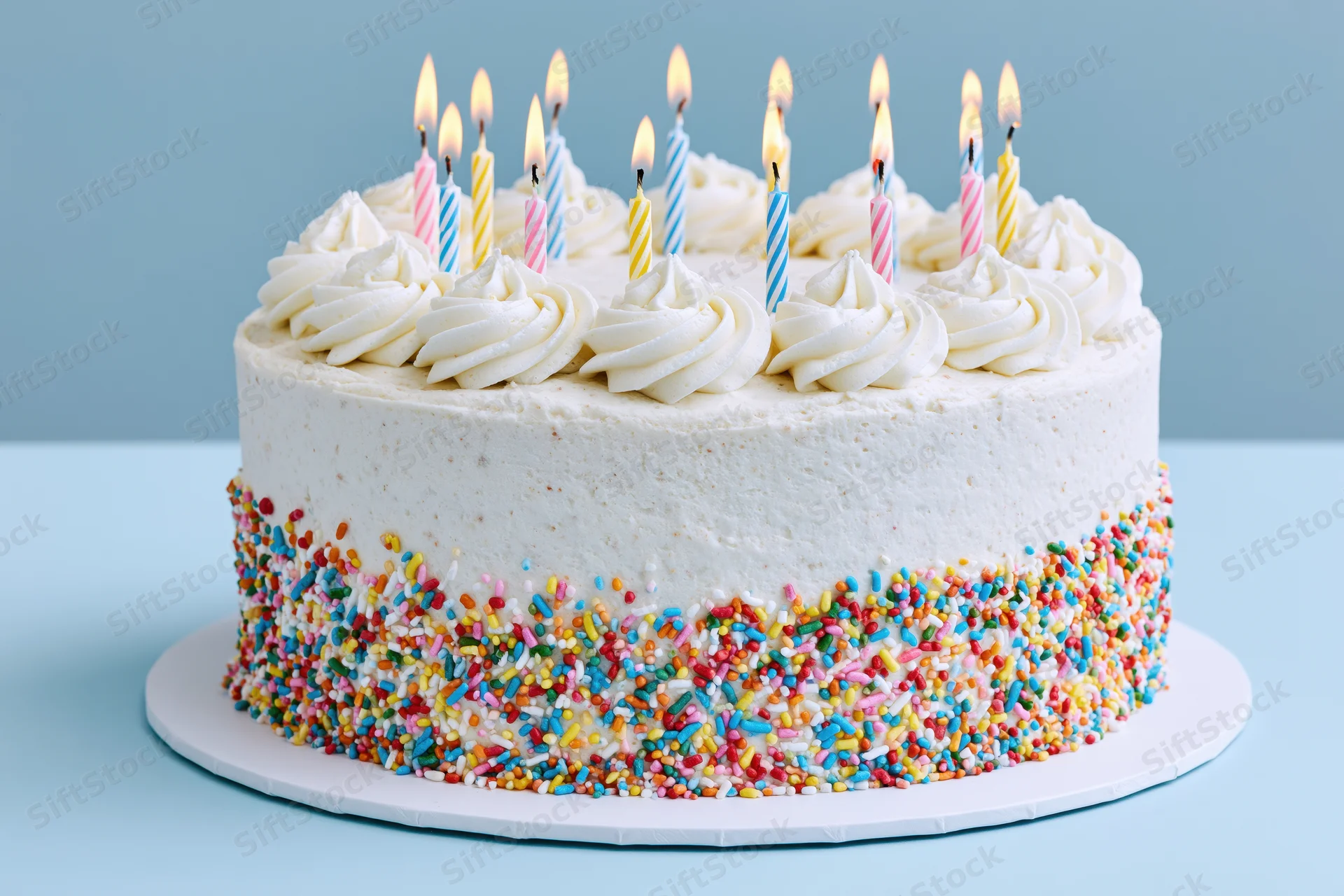 White birthday cake with lit candles and colorful sprinkles on a cake stand against a blue background