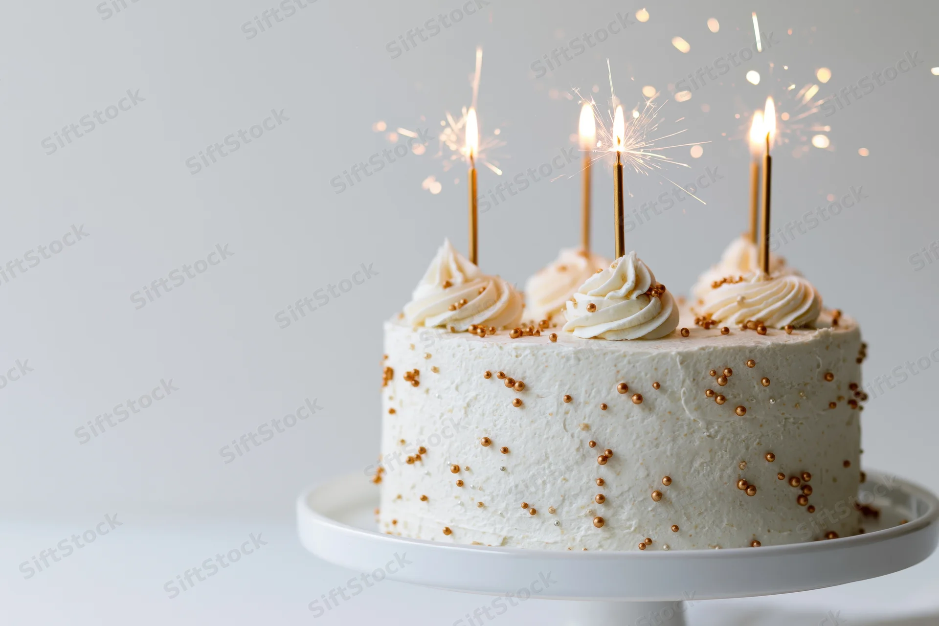 White celebration cake with lit sparklers on a white cake stand