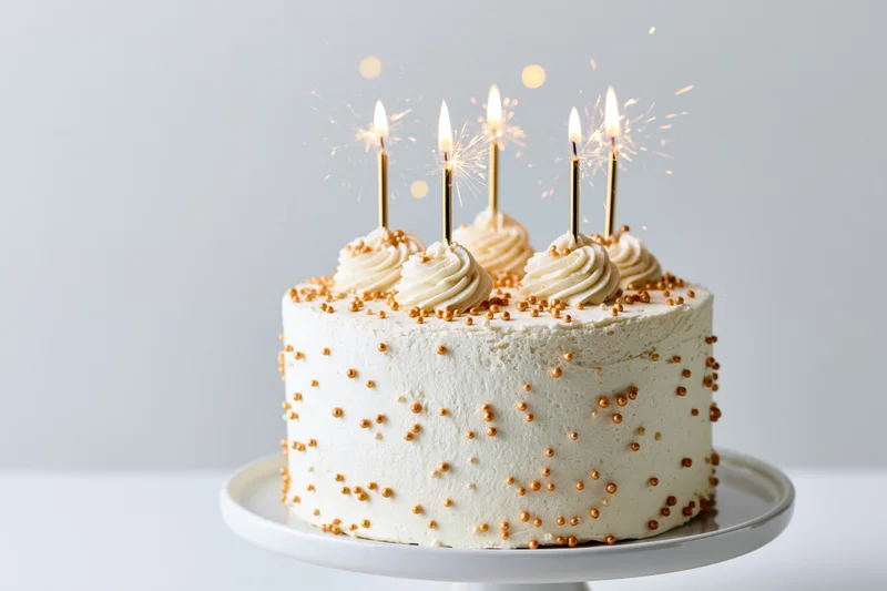 White celebration cake with lit sparklers and golden sprinkles on a cake stand