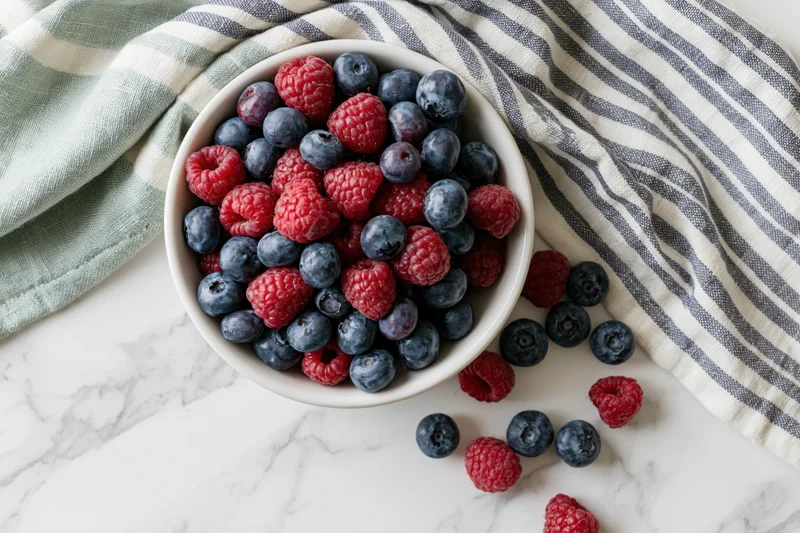 White ceramic bowl filled with fresh blueberries and raspberries on marble countertop with striped cloth