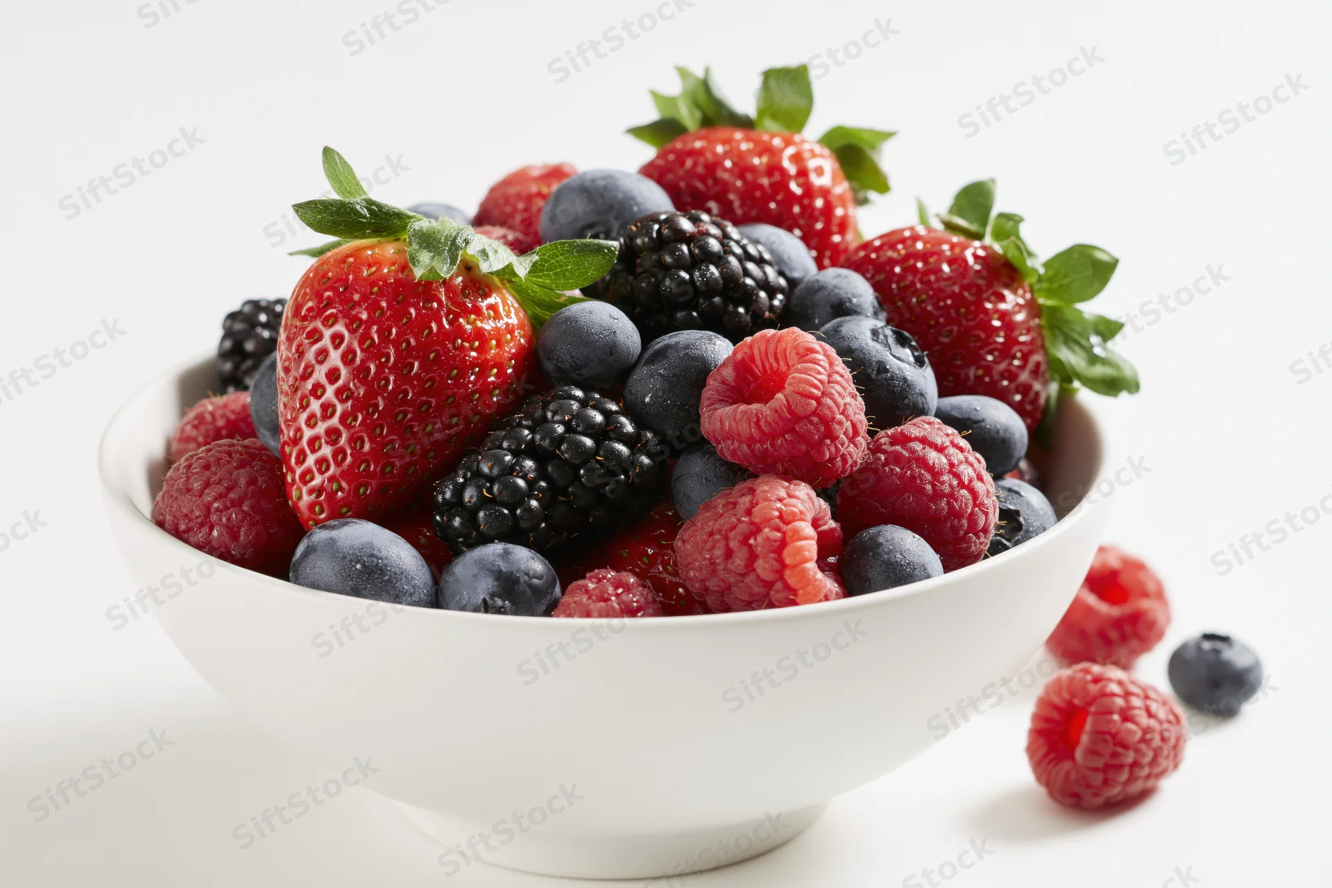 White ceramic bowl filled with fresh mixed berries on plain white surface