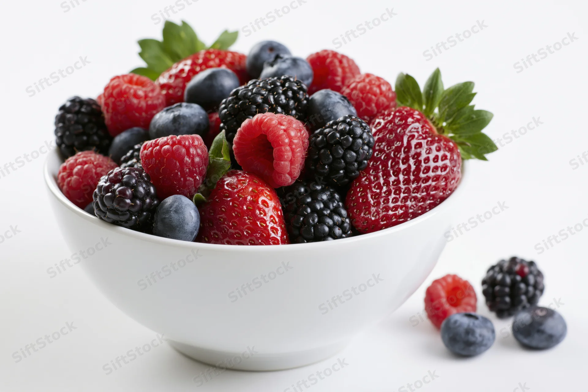 White ceramic bowl filled with fresh mixed berries on plain white surface