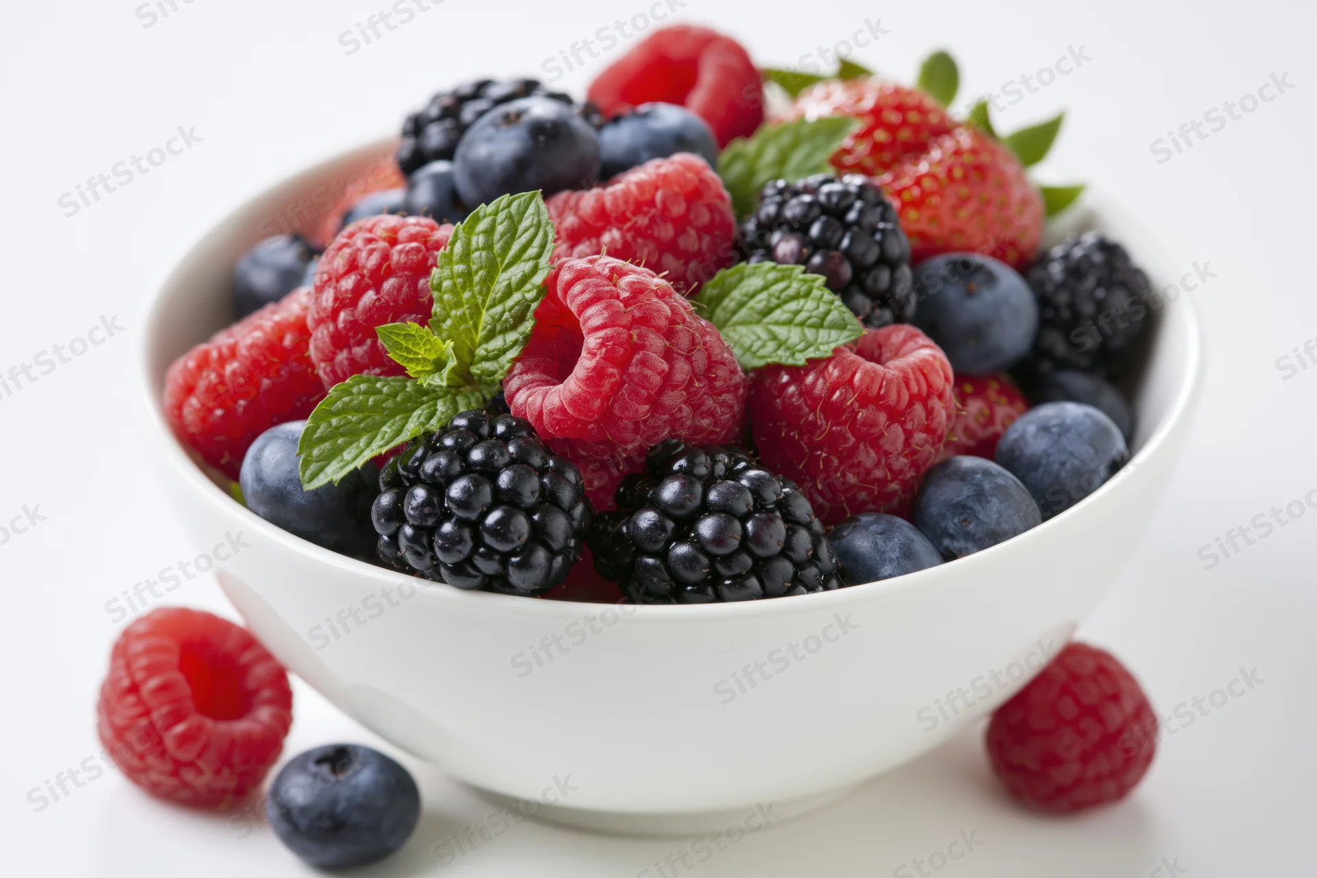 White ceramic bowl filled with mixed fresh berries and mint leaves on a white surface