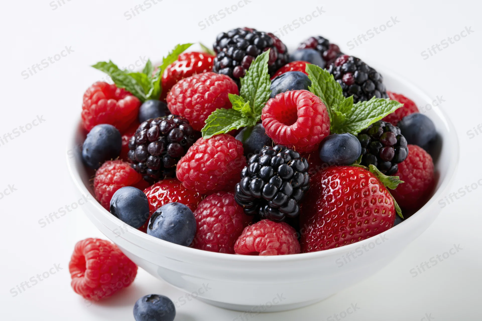 Mixed fresh berries in a white ceramic bowl with mint leaves on a white surface