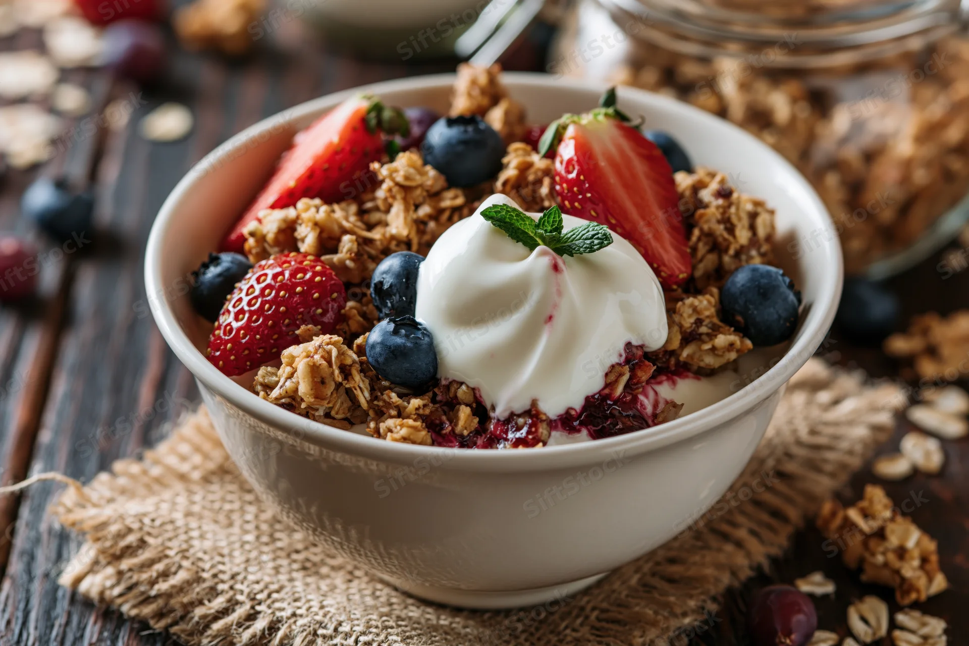 White ceramic bowl filled with granola, strawberries, blueberries and yogurt on wooden table