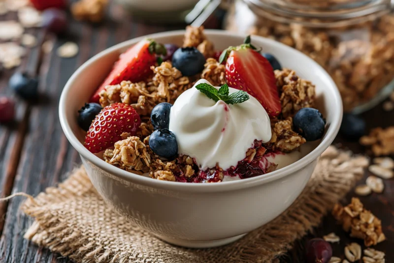 White ceramic bowl filled with granola, strawberries, blueberries and yogurt on wooden table