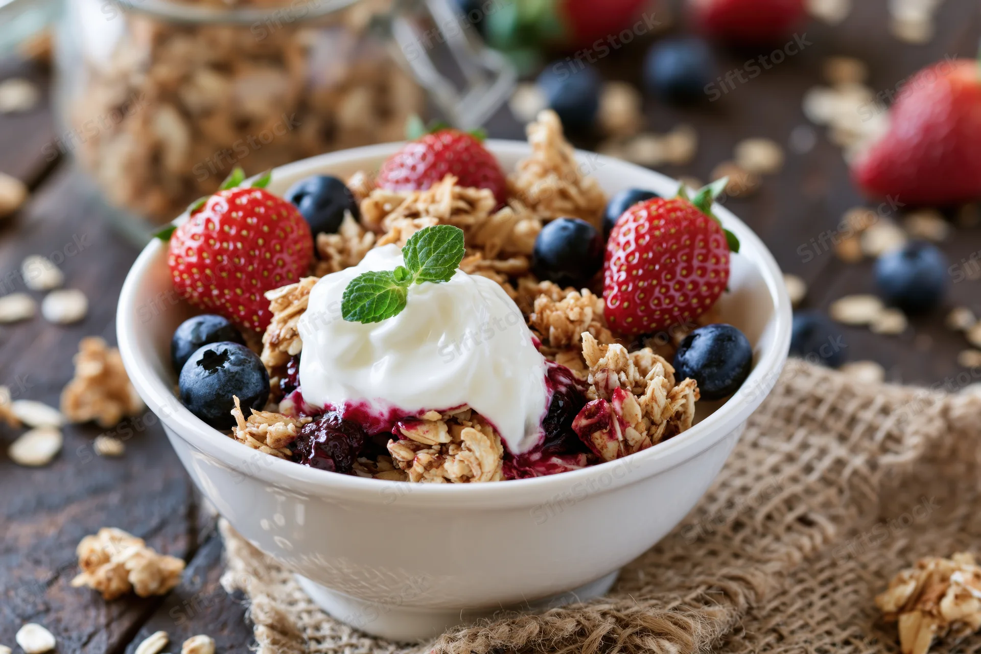 White ceramic bowl filled with granola, strawberries, blueberries and yogurt topped with mint on wooden table with burlap cloth