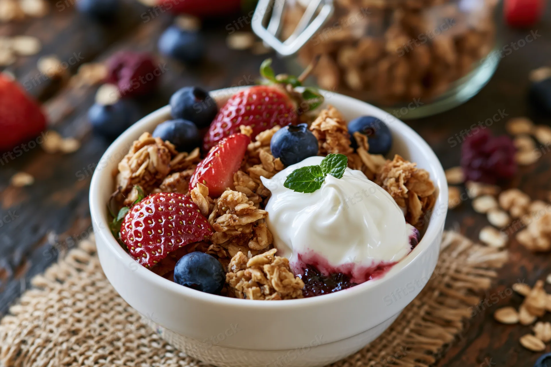 White ceramic bowl filled with granola, yogurt, strawberries and blueberries on wooden table