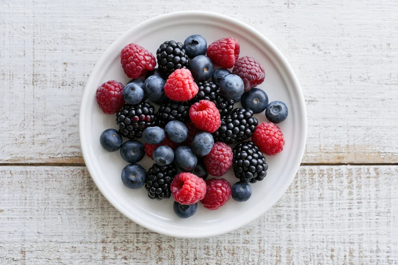 Mixed berries on a white ceramic plate on a wooden surface