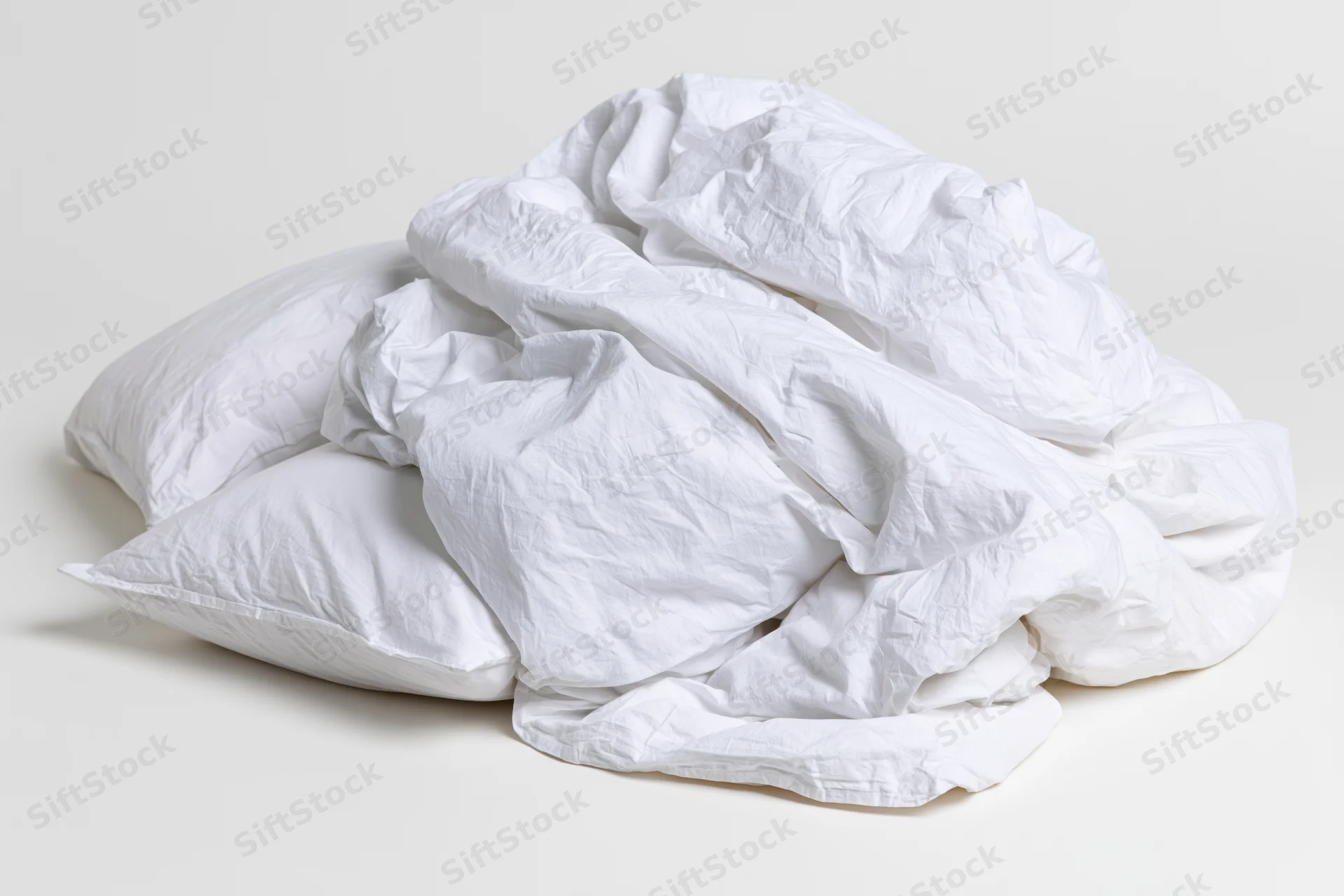 Crumpled white cotton duvet and two pillows piled on a plain surface