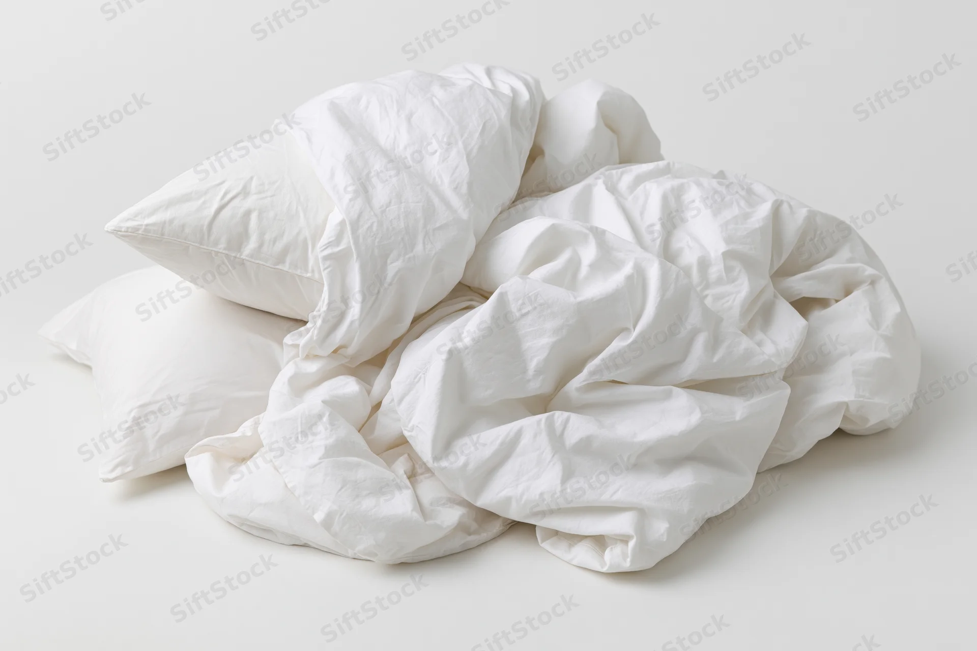 Crumpled white cotton duvet and two pillows arranged on a plain white surface
