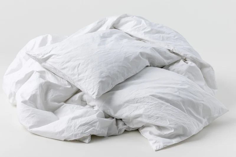 Crumpled white cotton duvet and two pillows piled on a plain surface