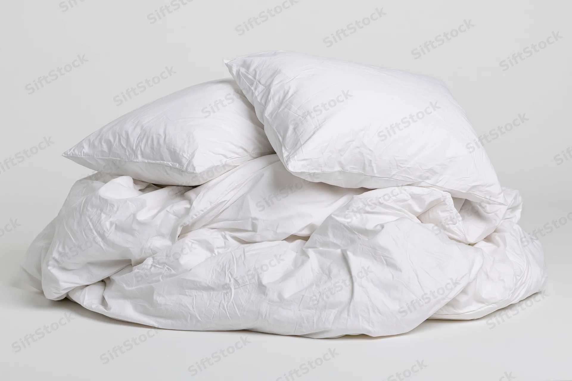 White cotton duvet and two pillows piled loosely on a plain surface