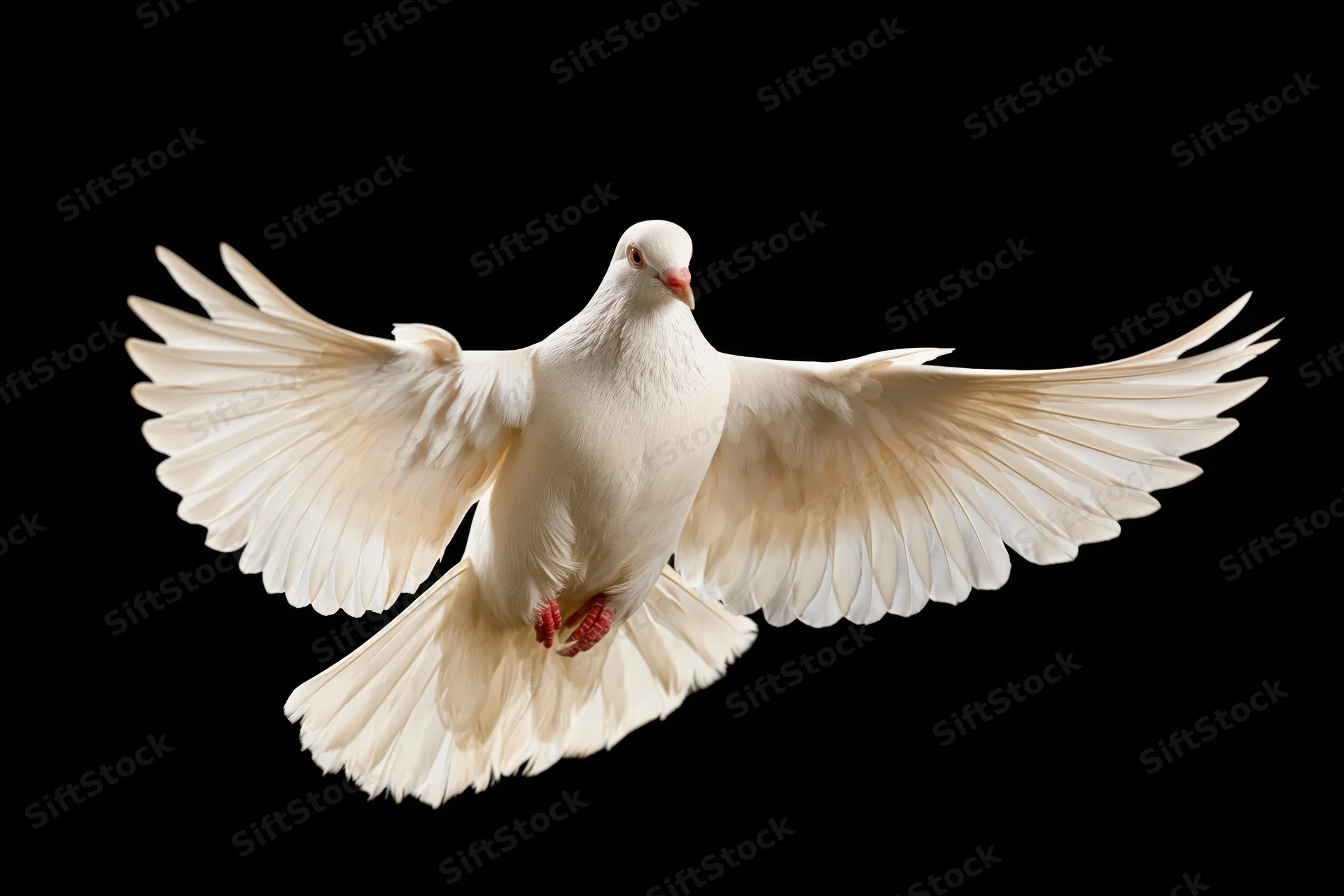 White dove in mid-flight with wings fully spread against black background